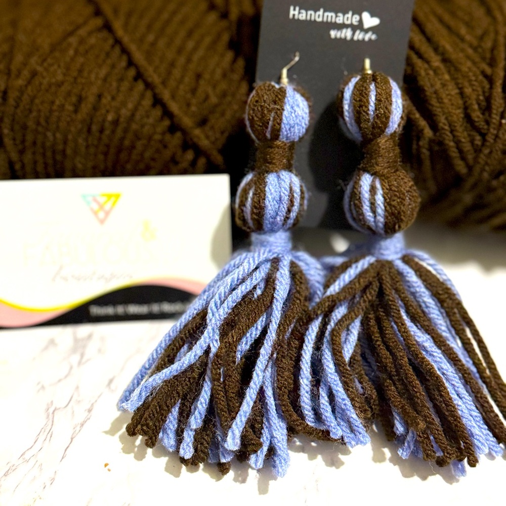 Denim and Brown Yarn Earrings
